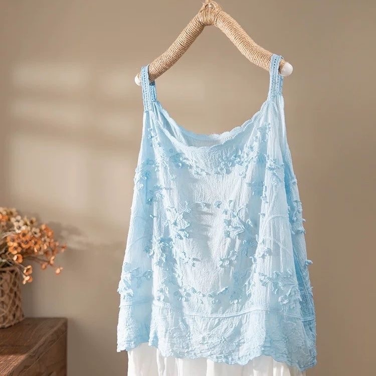 Prancūziško stiliaus nėrinių tuščiaviduriai siuvinėti žakardo gražūs maži liemenėliai moterims vasariniai nauji laisvi stilingi berankoviai viršutiniai