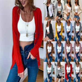 Dámsky pletený sveter s dlhým rukávom a gombíkmi, 2024, európsky a americký cezhraničný jesenný a zimný sveter s dlhým rukávom, Amazon Wish, všestranný