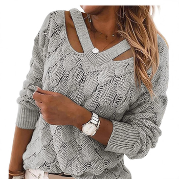 Jesenný/zimný módny nový pletený sveter s výstrihom do V a odhalenými ramenami pre ženy 2025Wish, nezávislá značka európskych a amerických jesenných/zimných topov