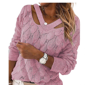 Jesenný/zimný módny nový pletený sveter s výstrihom do V a odhalenými ramenami pre ženy 2025Wish, nezávislá značka európskych a amerických jesenných/zimných topov