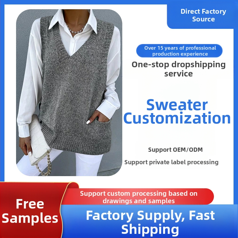 Amazon Európa a Spojené štáty cezhraničný AliExpress voľný výstrih do V s dvojitým vreckom, pletená vesta bez rukávov, sveter
