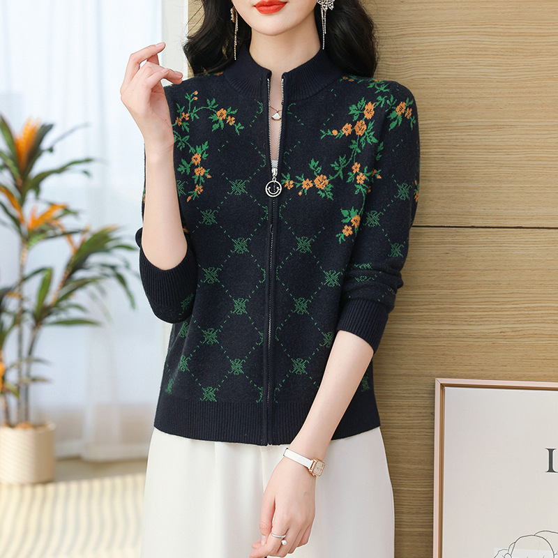 Novi moderni žakard pleteni kardigan s patentnim zatvaračem za žene, proljetni i jesenski kratki kaput za proljeće 2024.