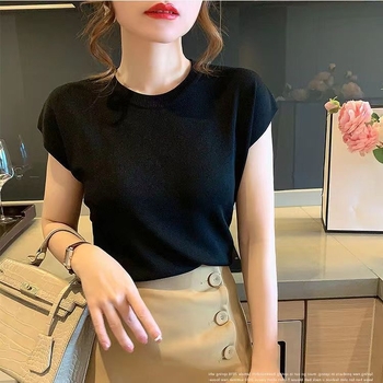 Dámsky letný tenký úplet z ľadového hodvábu 2022, nový štýl, voľný, okrúhly výstrih, čisto farebný, všestranný top s odhalenými ramenami a krátkym rukávom