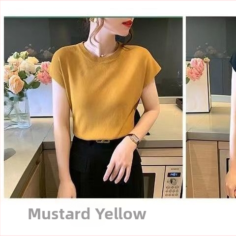 Dámsky letný tenký úplet z ľadového hodvábu 2022, nový štýl, voľný, okrúhly výstrih, čisto farebný, všestranný top s odhalenými ramenami a krátkym rukávom