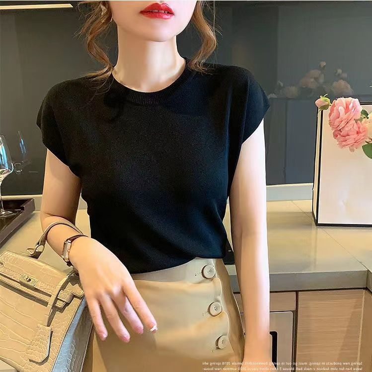 Dámsky letný tenký úplet z ľadového hodvábu 2022, nový štýl, voľný, okrúhly výstrih, čisto farebný, všestranný top s odhalenými ramenami a krátkym rukávom