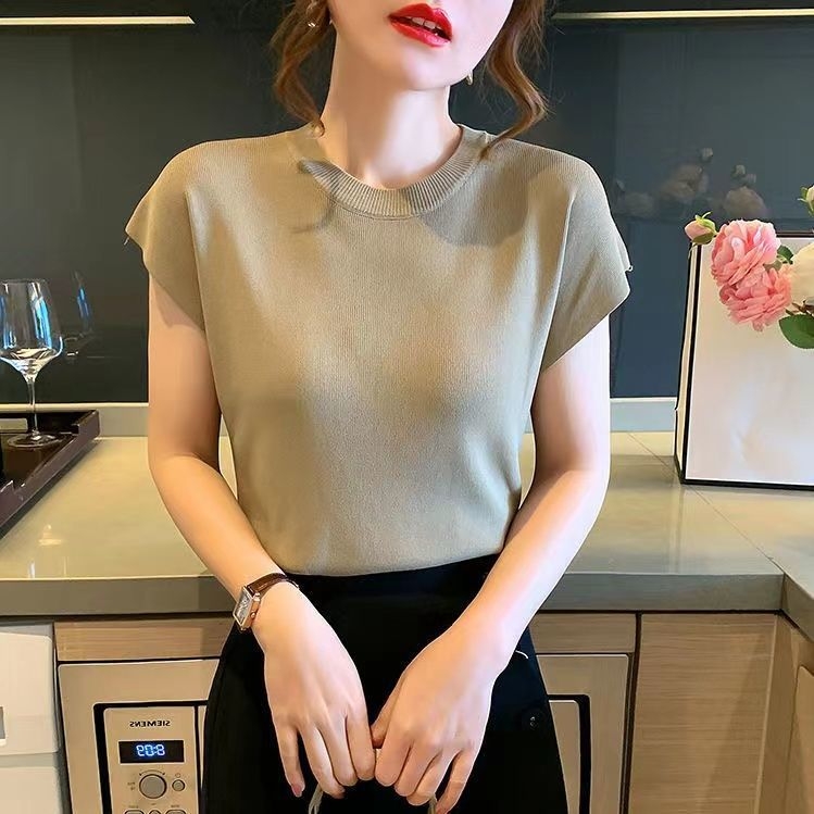 Dámsky letný tenký úplet z ľadového hodvábu 2022, nový štýl, voľný, okrúhly výstrih, čisto farebný, všestranný top s odhalenými ramenami a krátkym rukávom