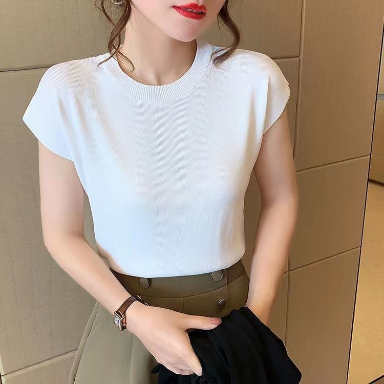 Dámsky letný tenký úplet z ľadového hodvábu 2022, nový štýl, voľný, okrúhly výstrih, čisto farebný, všestranný top s odhalenými ramenami a krátkym rukávom