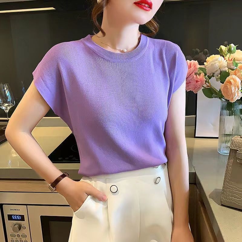 Dámsky letný tenký úplet z ľadového hodvábu 2022, nový štýl, voľný, okrúhly výstrih, čisto farebný, všestranný top s odhalenými ramenami a krátkym rukávom