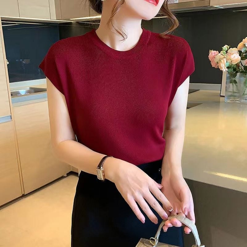 Dámsky letný tenký úplet z ľadového hodvábu 2022, nový štýl, voľný, okrúhly výstrih, čisto farebný, všestranný top s odhalenými ramenami a krátkym rukávom