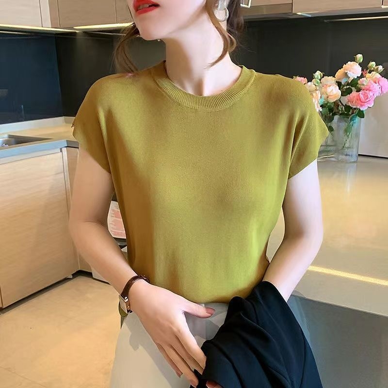 Dámsky letný tenký úplet z ľadového hodvábu 2022, nový štýl, voľný, okrúhly výstrih, čisto farebný, všestranný top s odhalenými ramenami a krátkym rukávom