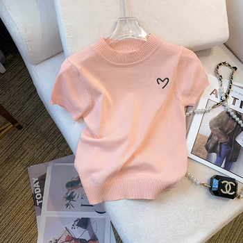Slatka pletenina s ovratnikom i stojećim ovratnikom, proljeće 2023., nova ženska svestrana uska majica kratkih rukava, niša