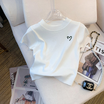 Slatka pletenina s ovratnikom i stojećim ovratnikom, proljeće 2023., nova ženska svestrana uska majica kratkih rukava, niša