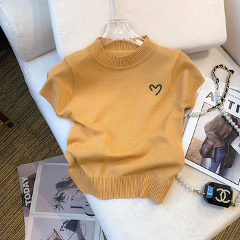 Slatka pletenina s ovratnikom i stojećim ovratnikom, proljeće 2023., nova ženska svestrana uska majica kratkih rukava, niša