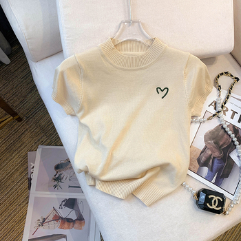 Slatka pletenina s ovratnikom i stojećim ovratnikom, proljeće 2023., nova ženska svestrana uska majica kratkih rukava, niša