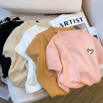 Slatka pletenina s ovratnikom i stojećim ovratnikom, proljeće 2023., nova ženska svestrana uska majica kratkih rukava, niša