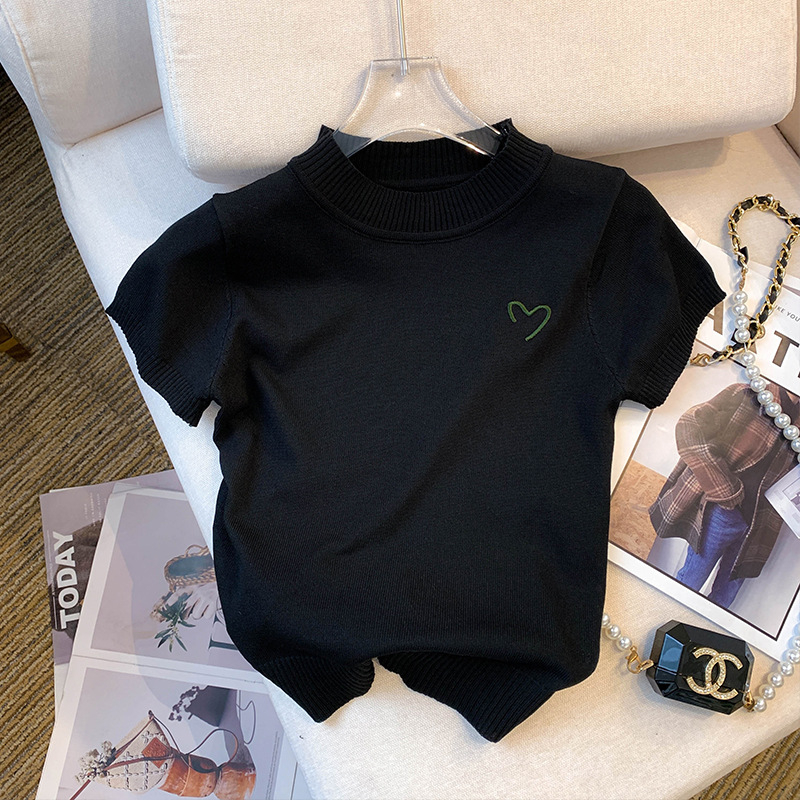 Slatka pletenina s ovratnikom i stojećim ovratnikom, proljeće 2023., nova ženska svestrana uska majica kratkih rukava, niša