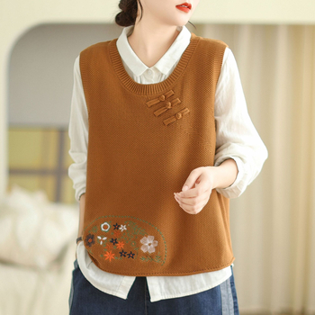 Lilledega tikitud pandlaga 2024 kootud vest naistele, lahtine kevad- ja sügisene uus ümara kaelusega universaalne varrukateta virnastatud vest