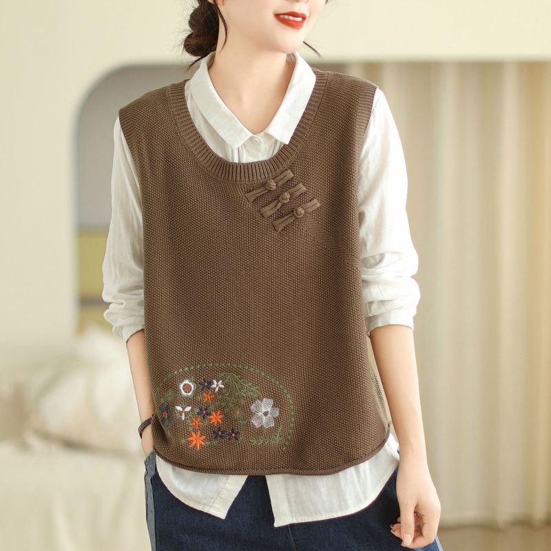 Lilledega tikitud pandlaga 2024 kootud vest naistele, lahtine kevad- ja sügisene uus ümara kaelusega universaalne varrukateta virnastatud vest