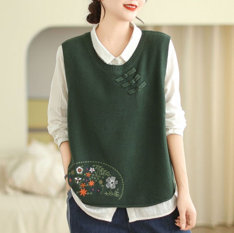 Lilledega tikitud pandlaga 2024 kootud vest naistele, lahtine kevad- ja sügisene uus ümara kaelusega universaalne varrukateta virnastatud vest
