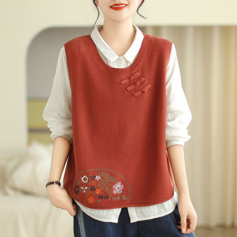 Lilledega tikitud pandlaga 2024 kootud vest naistele, lahtine kevad- ja sügisene uus ümara kaelusega universaalne varrukateta virnastatud vest