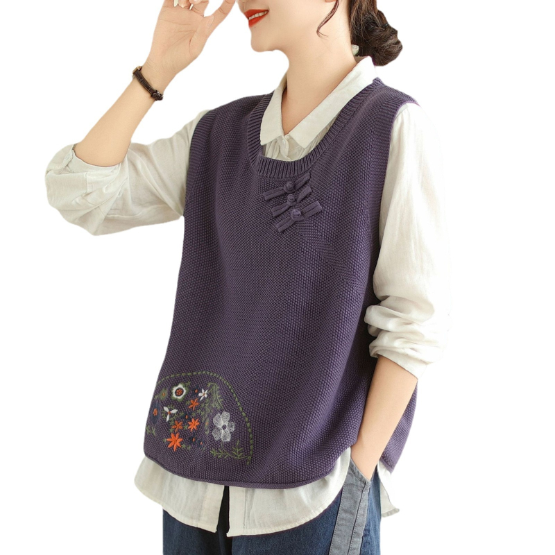 Lilledega tikitud pandlaga 2024 kootud vest naistele, lahtine kevad- ja sügisene uus ümara kaelusega universaalne varrukateta virnastatud vest