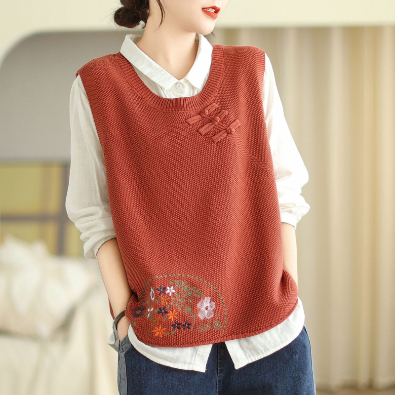 Lilledega tikitud pandlaga 2024 kootud vest naistele, lahtine kevad- ja sügisene uus ümara kaelusega universaalne varrukateta virnastatud vest