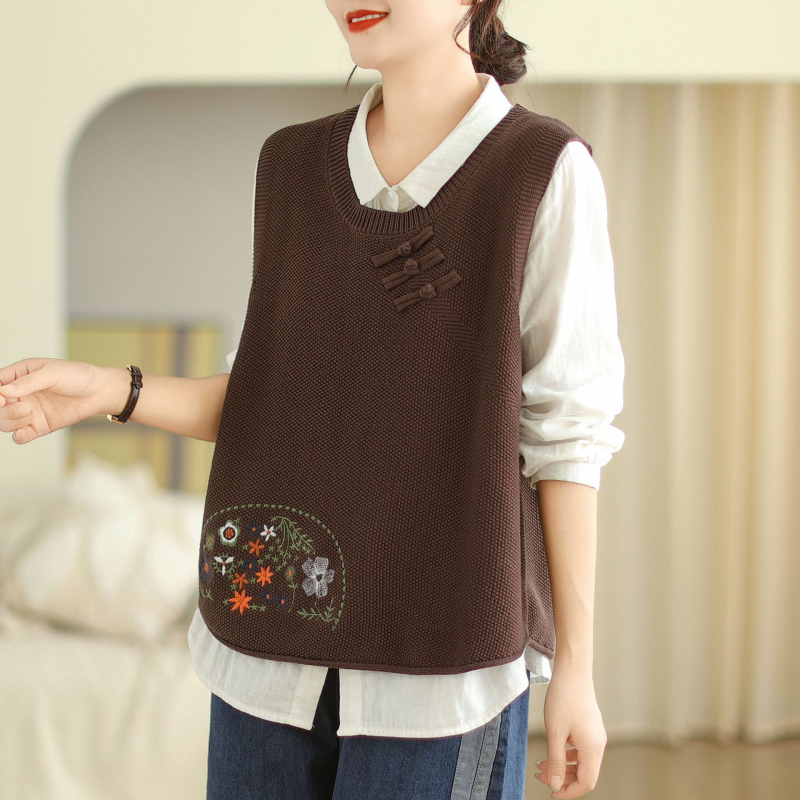 Lilledega tikitud pandlaga 2024 kootud vest naistele, lahtine kevad- ja sügisene uus ümara kaelusega universaalne varrukateta virnastatud vest