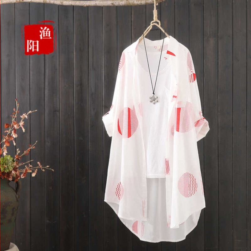 Nový stredne dlhý dámsky umelecký letný módny dizajn s potlačou, voľný tenký kardigan s opaľovacím krémom a plážovým vzorom