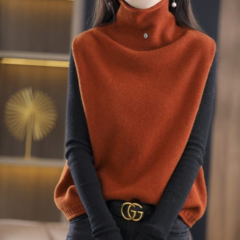 100% villast naiste sügis-talvine varrukateta kõrge kaelusega vest, lahtise salendava mustriga vest