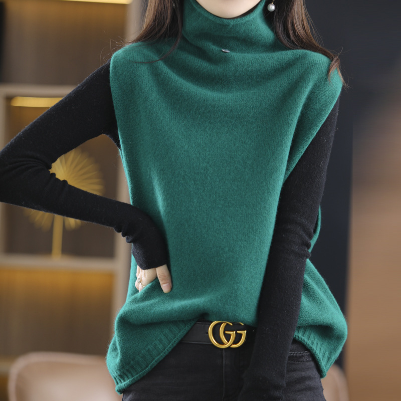 100% villast naiste sügis-talvine varrukateta kõrge kaelusega vest, lahtise salendava mustriga vest