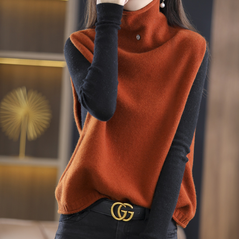 100% villast naiste sügis-talvine varrukateta kõrge kaelusega vest, lahtise salendava mustriga vest