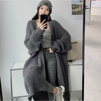 Japanski i korejski stil, lijeni modni kaput srednje duljine do koljena, ženski, široki, univerzalni, dugi rukavi, pleteni kardigan, debeli ženski