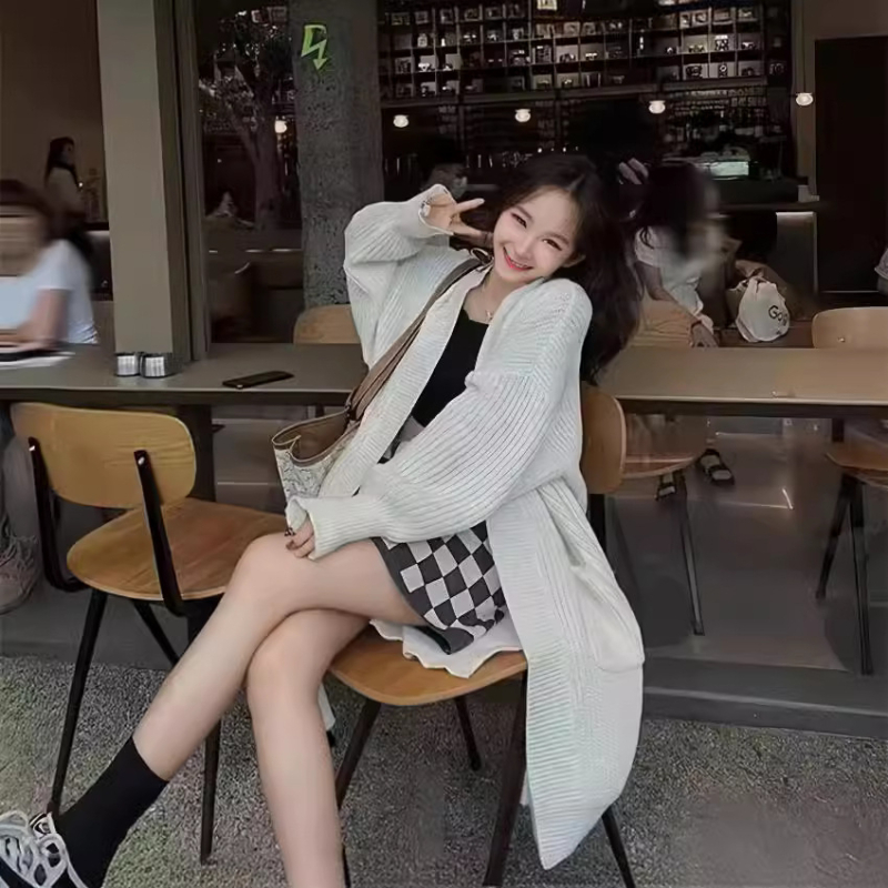 Japanski i korejski stil, lijeni modni kaput srednje duljine do koljena, ženski, široki, univerzalni, dugi rukavi, pleteni kardigan, debeli ženski