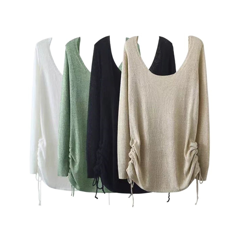 Velika pletena haljina s okruglim izrezom i dugim rukavima u ranom jesenskom stilu, otvorenog leđa, udobna dvostrana suknja s vezicama