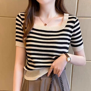 Pletena košulja s ledenom svilom i kvadratnim ovratnikom, ljetna nova uska majica kratkih rukava, ženska kratka majica za žene