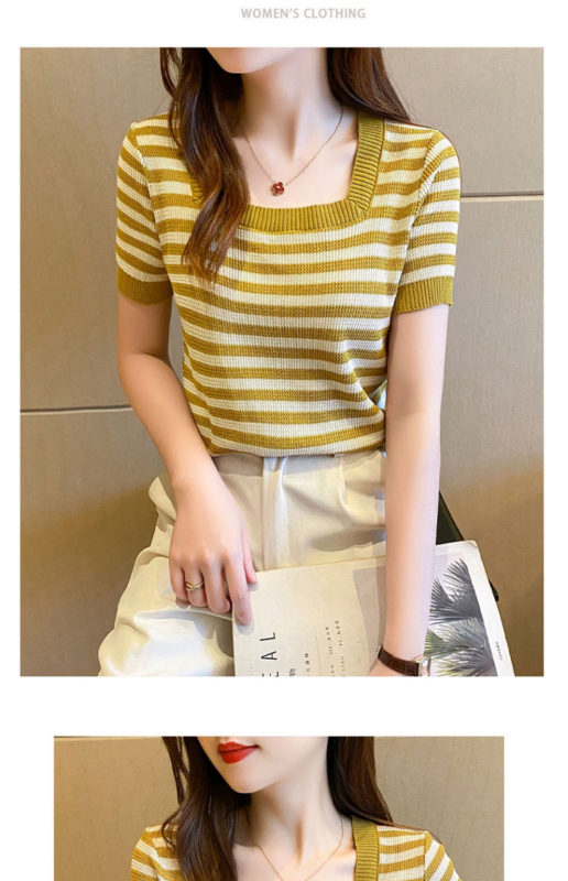 Pletena košulja s ledenom svilom i kvadratnim ovratnikom, ljetna nova uska majica kratkih rukava, ženska kratka majica za žene