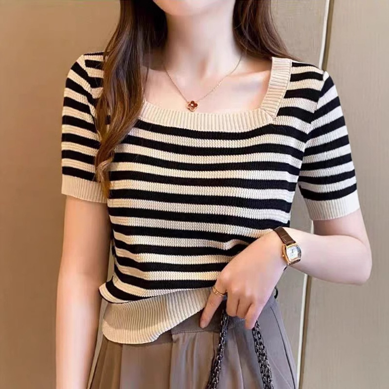 Pletena košulja s ledenom svilom i kvadratnim ovratnikom, ljetna nova uska majica kratkih rukava, ženska kratka majica za žene