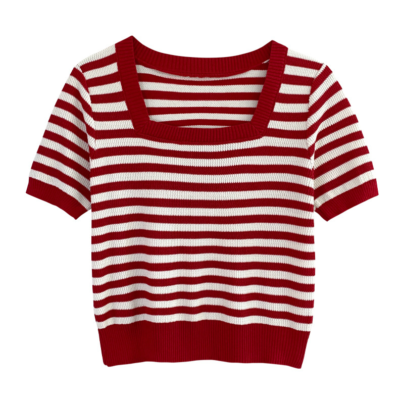 Pletena košulja s ledenom svilom i kvadratnim ovratnikom, ljetna nova uska majica kratkih rukava, ženska kratka majica za žene