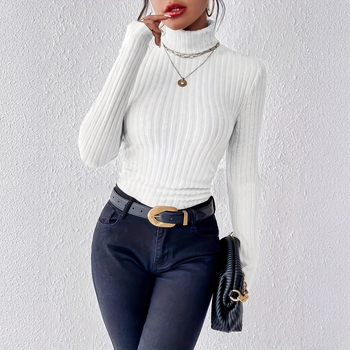 Jesenné a zimné tričko s dlhým rukávom, vysokým golierom a výstrihom do V od Amazonu na jeseň a zimu 2023, pletené s dlhým rukávom a kartáčovanými pásikmi