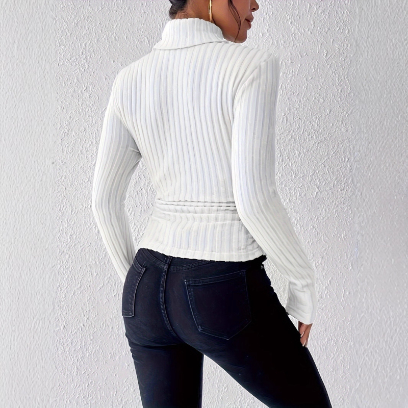 Jesenné a zimné tričko s dlhým rukávom, vysokým golierom a výstrihom do V od Amazonu na jeseň a zimu 2023, pletené s dlhým rukávom a kartáčovanými pásikmi