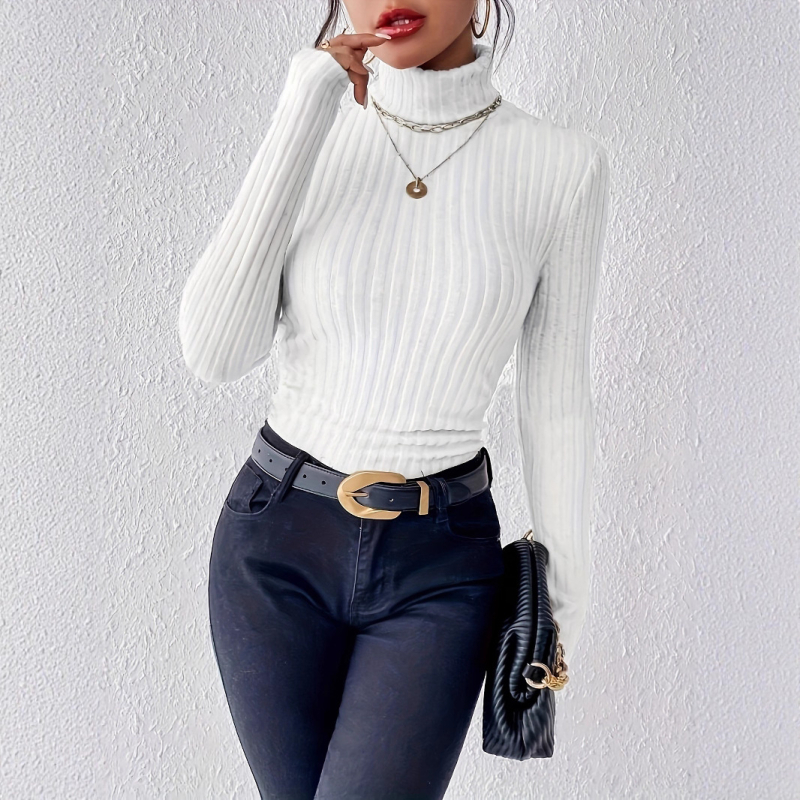 Jesenné a zimné tričko s dlhým rukávom, vysokým golierom a výstrihom do V od Amazonu na jeseň a zimu 2023, pletené s dlhým rukávom a kartáčovanými pásikmi