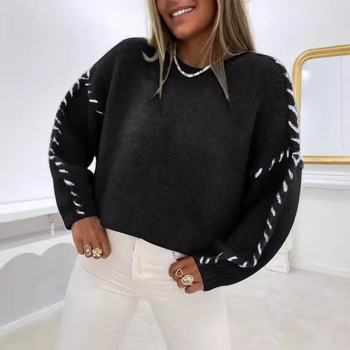 Európsky a americký jesenný a zimný nový zahraničný obchodný sveter Amazon Cross-Border pre ženy, voľný pletený, farebne blokovaný okrúhly výstrih