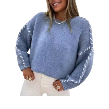 Európsky a americký jesenný a zimný nový zahraničný obchodný sveter Amazon Cross-Border pre ženy, voľný pletený, farebne blokovaný okrúhly výstrih
