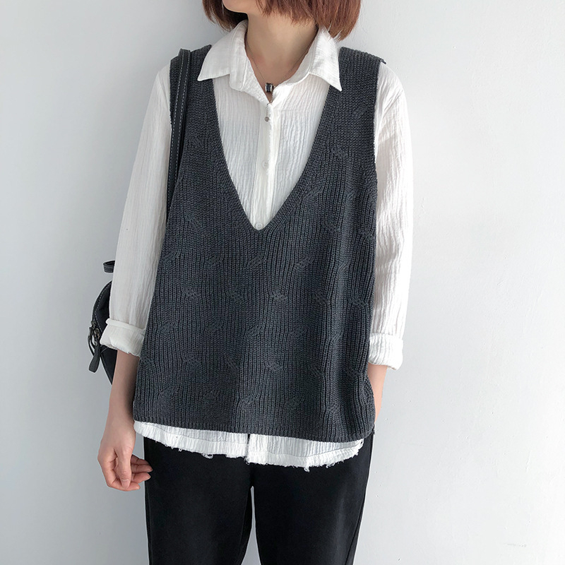 2023. aasta sügis- ja talvemoe naiste kootud vest, uus puuvillane V-kaelusega vest, retro heegeldatud varrukateta kampsun