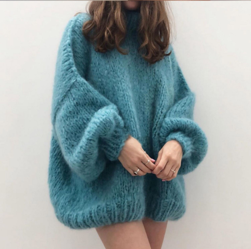 ins Style Čistý ručne tkaný pletený mohérový sveter voľného strihu Stredne dlhý slim strih zosilnený sveter s vrchným oblečením