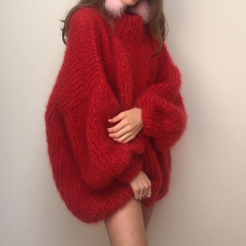 ins Style Čistý ručne tkaný pletený mohérový sveter voľného strihu Stredne dlhý slim strih zosilnený sveter s vrchným oblečením