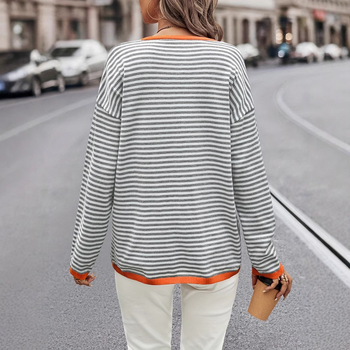 Есен 2024 Ежедневен дамски пуловер с дълъг ръкав, раиран и контрастен цвят