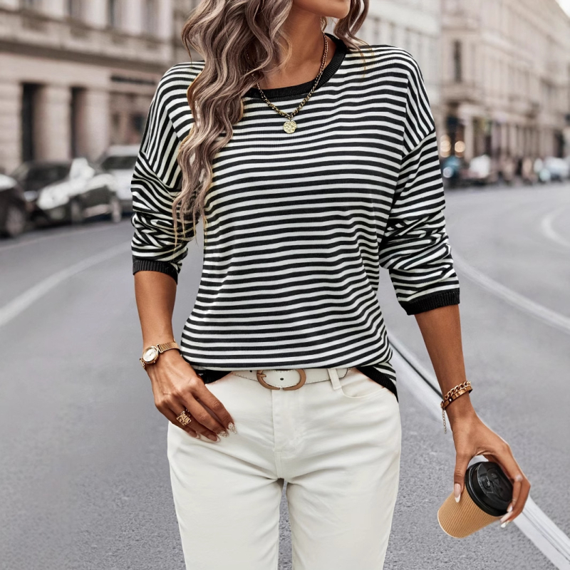 Jesenný sveter s dlhým rukávom, okrúhlym výstrihom a všestranným pruhovaným farebným kontrastom 2024, ležérny, dámsky, s dlhým rukávom a okrúhlym výstrihom