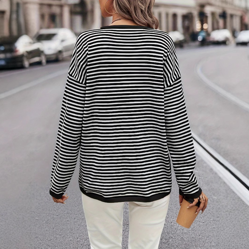 Jesenný sveter s dlhým rukávom, okrúhlym výstrihom a všestranným pruhovaným farebným kontrastom 2024, ležérny, dámsky, s dlhým rukávom a okrúhlym výstrihom