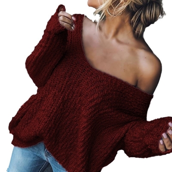 Jesenné a zimné nové dámske svetre s výstrihom do V a ramenami z obchodu Amazon AliExpress pre zahraničný obchod, jednoduchá bunda, pletený sveter, dámske oblečenie